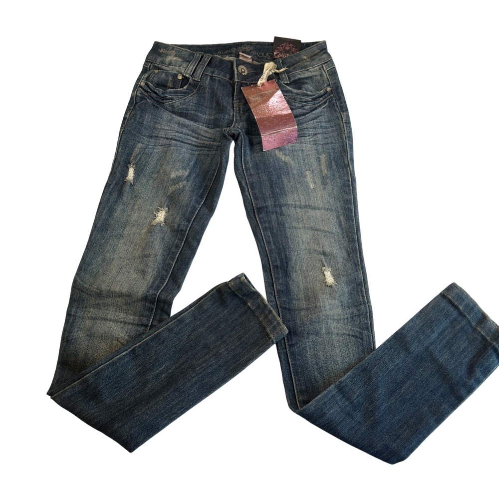 Almost Famous Y2K Low Rise Skinny Jeans Dark Wash Distressed Stretch Juniors 0